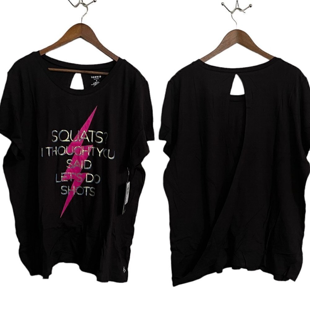 Torrid Womens NWT Black Squats I Thought You Said Lets Do Shots Open Back Tee 2X - Picture 2 of 9